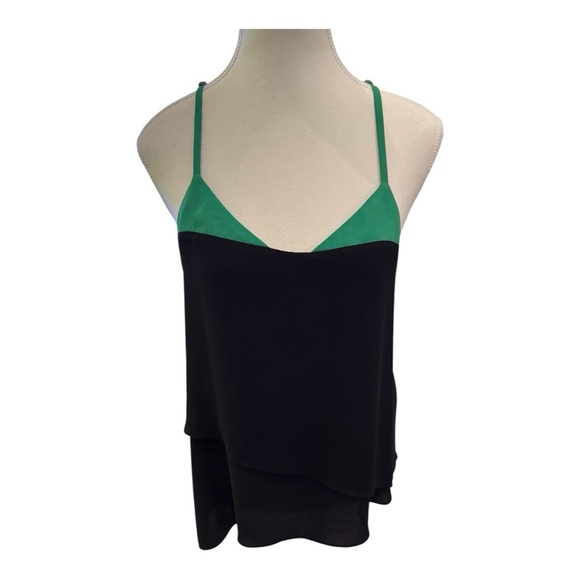 BCBGMaxazria Mika Black Green Asymmetric Tiered Racerback Tank Sz M - Picture 2 of 7